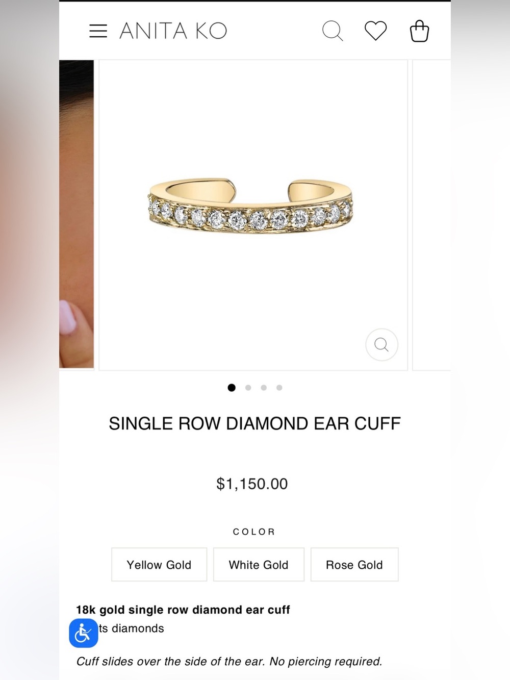 NEW Anita Ko 18K yellow gold diamond single row ear cuff